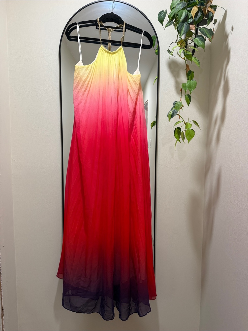 L'ATISTE Yellow to Pink Ombre Halter Maxi Dress with Purple Hem